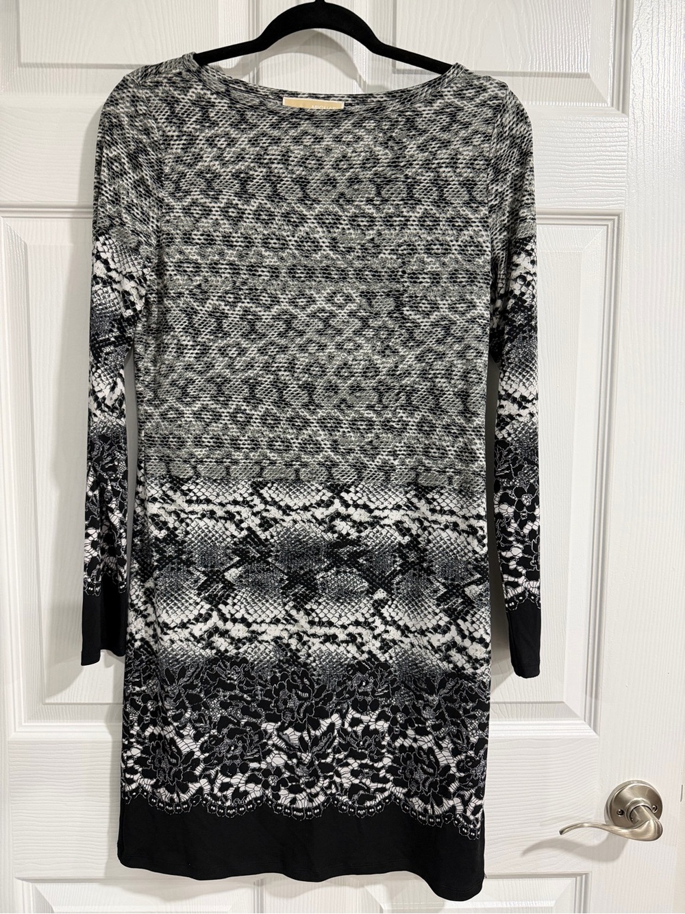 Michael Kors Black and White Printed Long-Sleeve Knit Dress